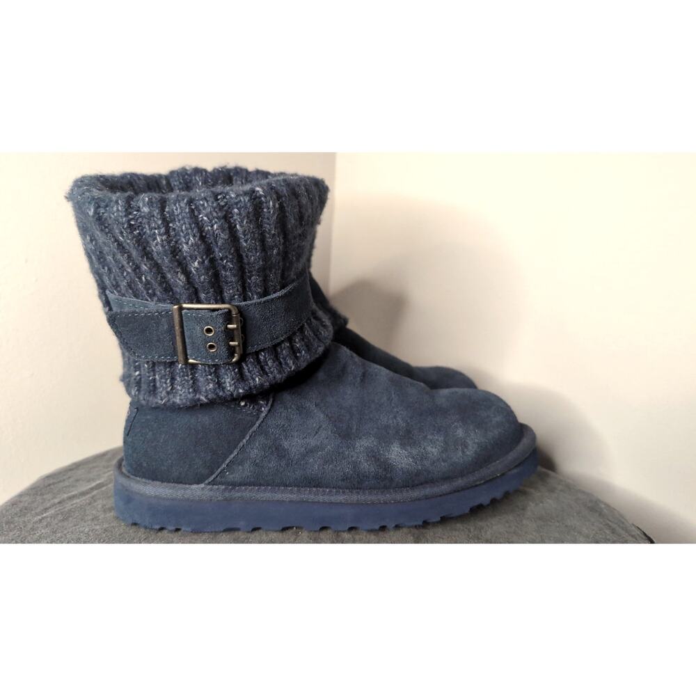 UGG Lattice Cardy Knit Boots Size 10 Blue Suede Buckle Cozy